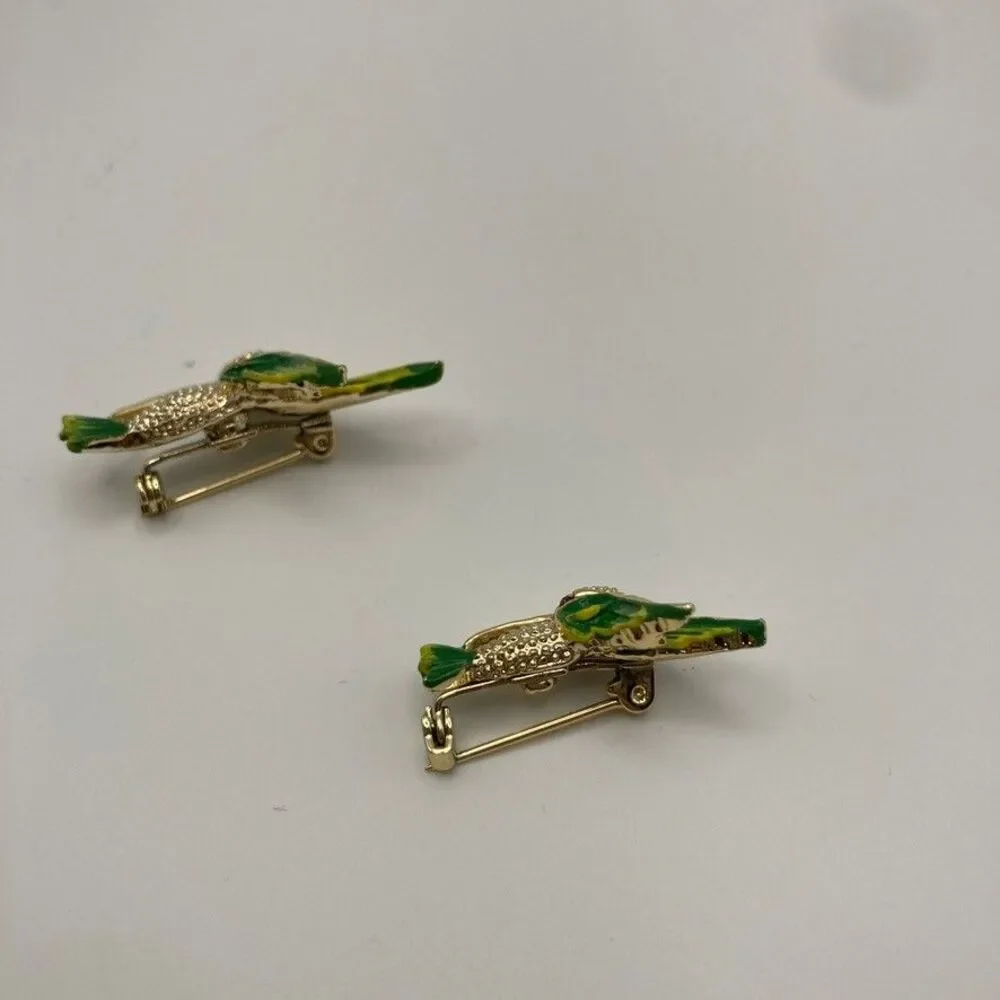 Gerry Vintage Hummingbird Pin Set of‎ 2 Gold Tone Green/Yl Enamel Rhinestone
